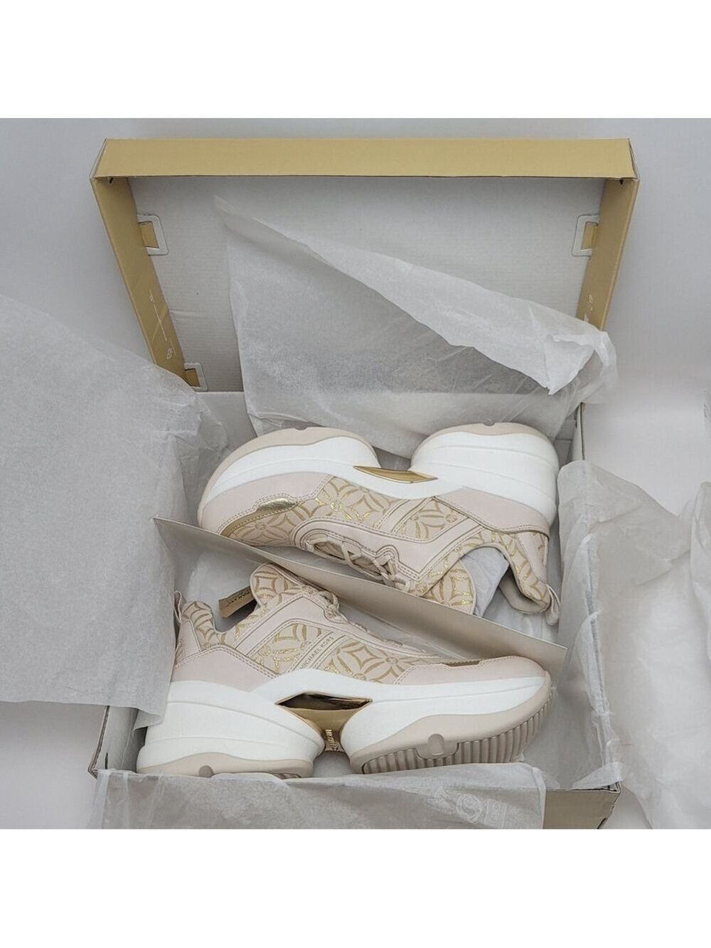 Michael Kors Olympia Metallic Logo Jacquard Trainer Cream Gold Women's 10M NIB - Picture 12 of 13